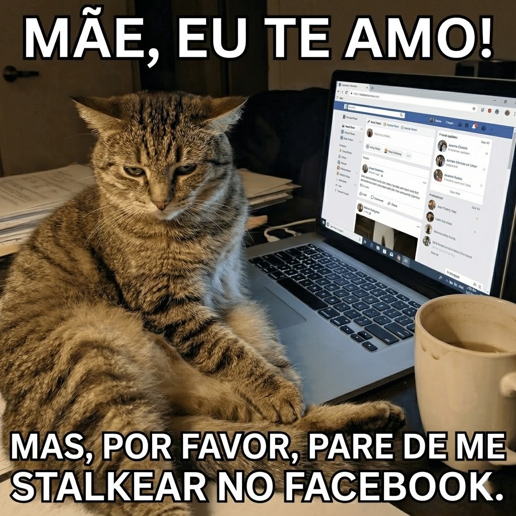 Meme de Dia das Mães com gato sentado no computador e a frase “Mãe, eu te amo! Mas, por favor, pare de me stalkear no Facebook.”