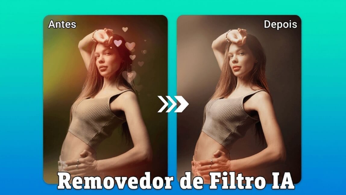 Antes e depois mostrando como tirar efeito de foto e remover filtro indesejado usando a inteligência artificial do app YouCam Enhance.
