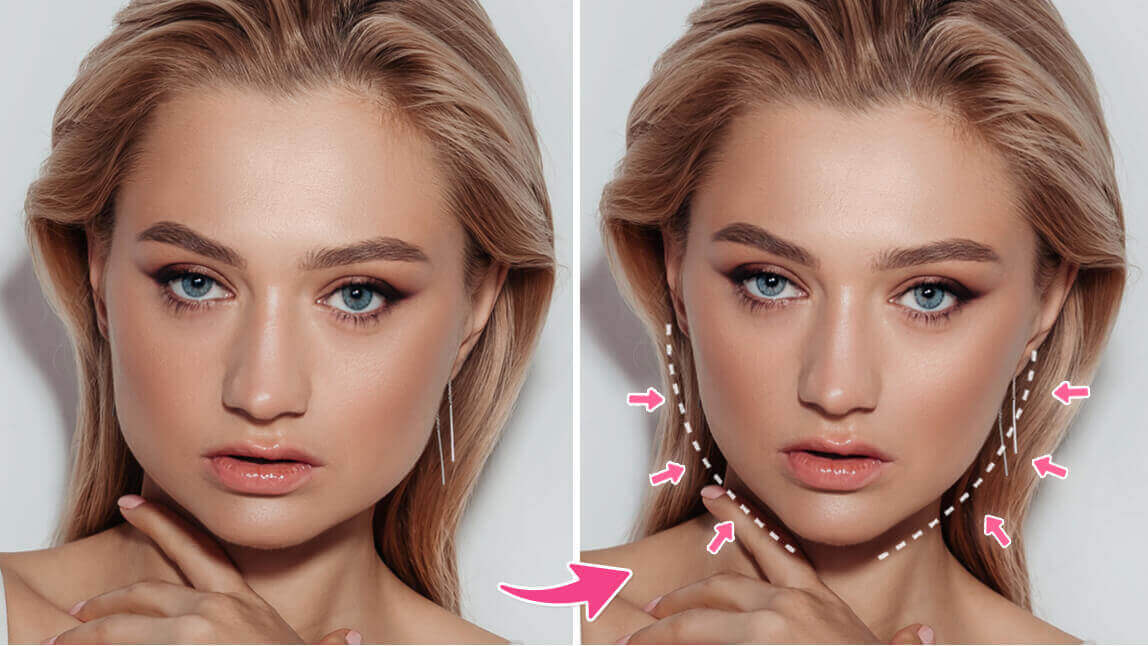 Interface do aplicativo que afina o rosto grátis mostrando ferramentas de edição facial.