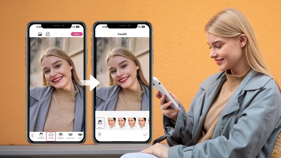 Mulher sorrindo enquanto usa o recurso de lifting facial virtual no celular. A tela mostra uma comparação de antes e depois de afinar o rosto usando o melhor simulador de cirurgia plástica.