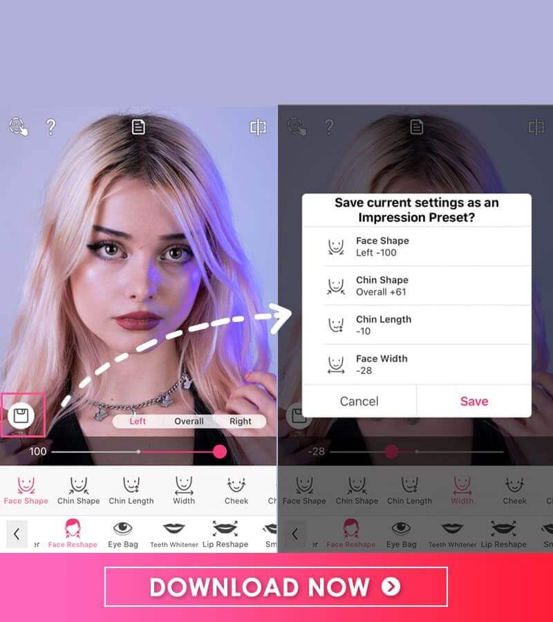 Tela de salvamento do app após emagrecer rosto na foto online.