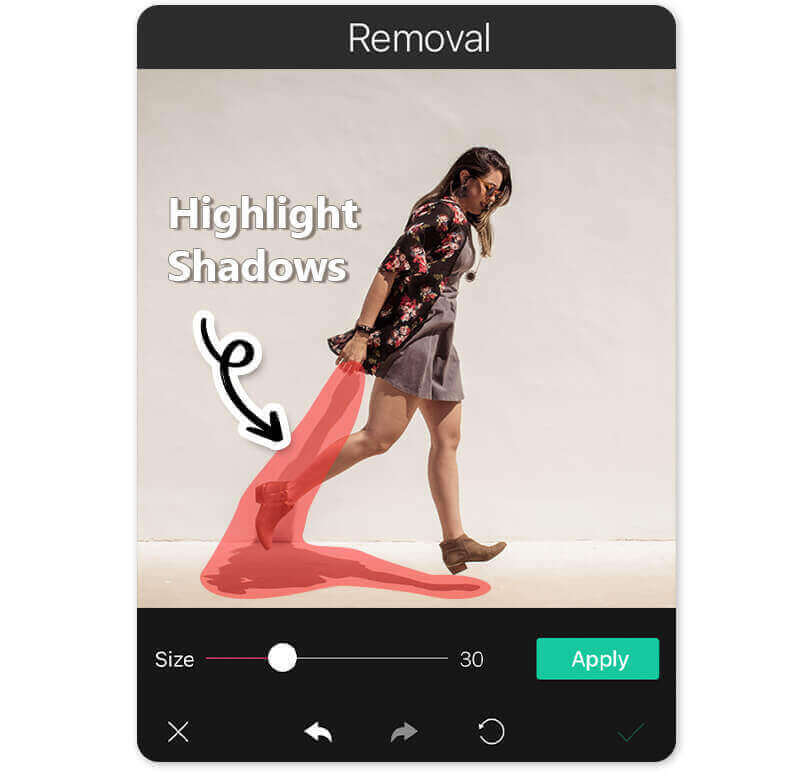 Ferramenta de remoção do app YouCam Perfect destacando uma sombra para ser apagada.