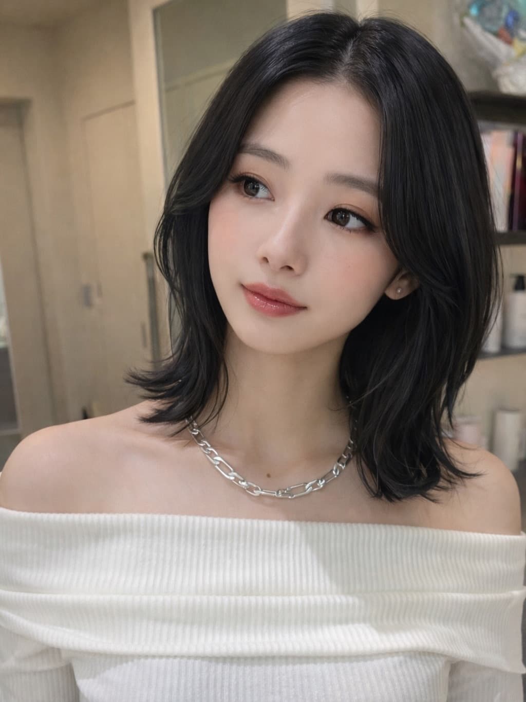 黒髪の垢抜けくびれミディアムヘアーの女性