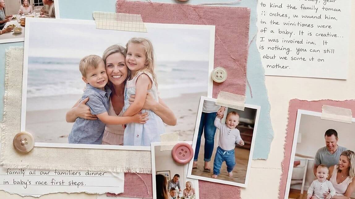 Colagem estilo álbum de recortes com fotos de uma mãe sorrindo e abraçando seus filhos na praia, cercada por momentos em família. Inspire-se com prompts de imagem pro Dia das Mães.