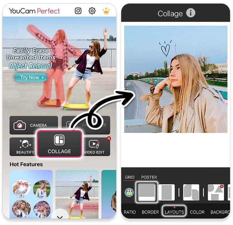 Interface do YouCam Perfect mostrando como fazer foto Polaroid online.