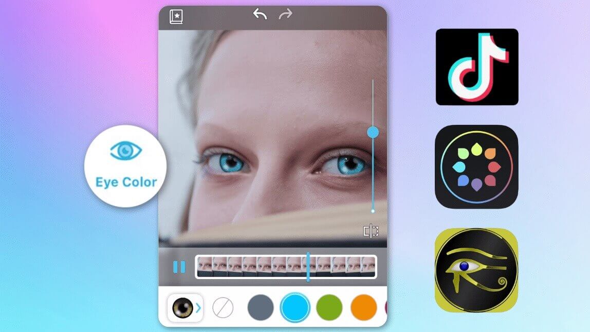 Eine App wird gezeigt, die die Funktion 'Augenfarbe ändern' nutzt, um Augen auf einem Bild virtuell zu ändern mit Filter, wie TikTok, YouCam Video und mehr.