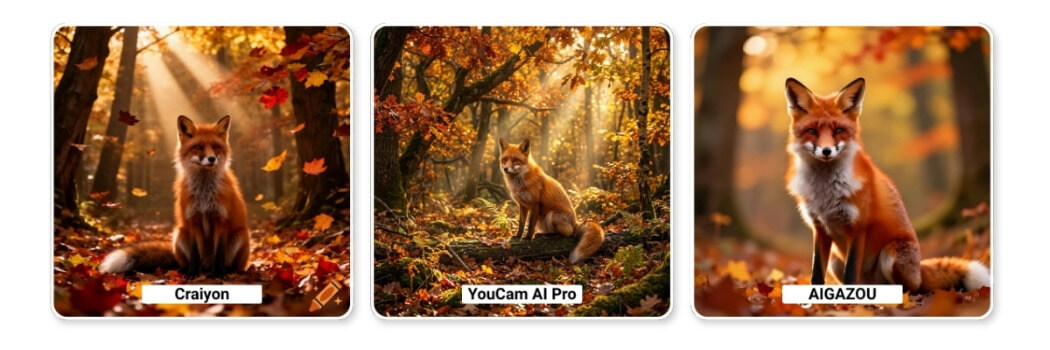 Ein majestätischer roter Fuchs sitzt in einem verzauberten Herbstwald zur goldenen Stunde, Sonnenstrahlen fallen durch bunte Blätter, hochdetailliert, cinematische Beleuchtung, fotorealistisch