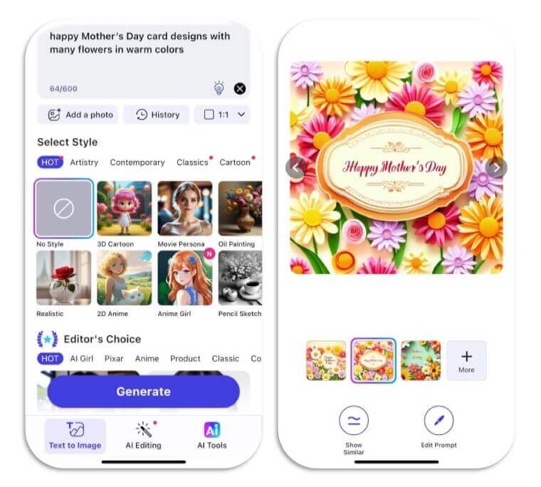 Text-Prompt eingeben und KI-Muttertagskarte generieren mit YouCam Enhance