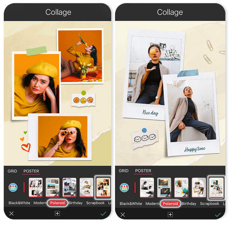 Exemplos de colagem de fotos Polaroid criadas com o YouCam Perfect.
