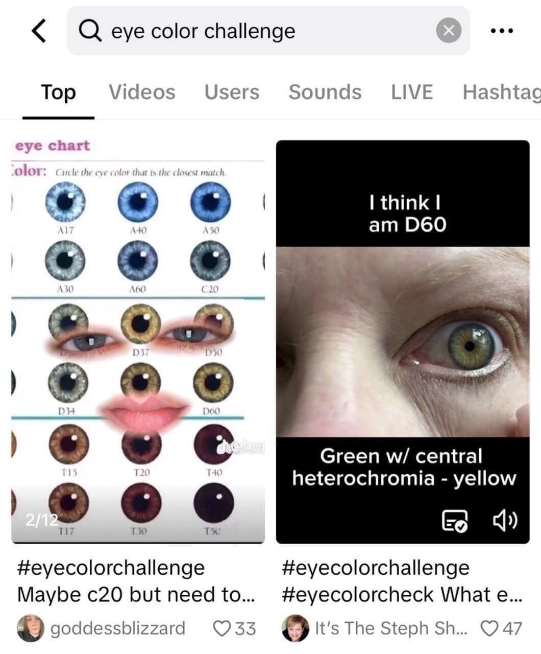TikTok #eyecolorchallenge mit Augenfarbvergleich und Farbcode D60 im Trendvideo
