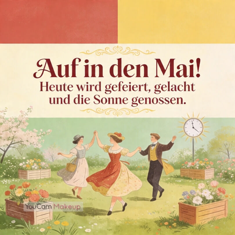 Auf in den Mai – KI-generiertes Retro-Bild mit tanzenden Menschen auf einem Maifest, Frühlingsblumen und bunter Stimmung