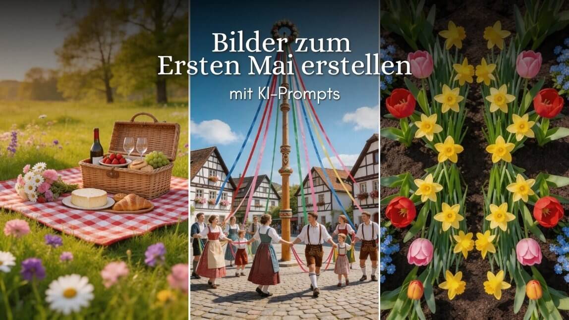 Bilder zum Ersten Mai erstellen mit KI-Prompts – Collage mit Picknick auf Blumenwiese, Maibaum-Tanz und bunten Frühlingsblumen