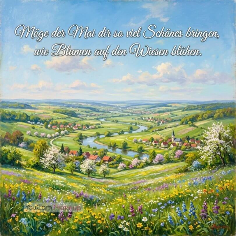 Möge der Mai dir so viel Schönes bringen wie Blumen auf den Wiesen blühen – KI-generiertes Landschaftsbild mit Frühlingswiesen und Dorfpanorama