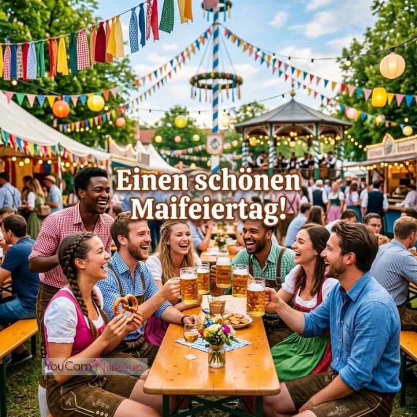 Einen schönen Maifeiertag – KI-generiertes Bild mit fröhlicher Gruppe auf einem Maifest mit bunten Girlanden und Maibaum