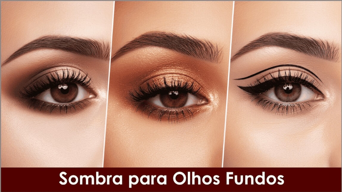 Imagem dividida mostrando três estilos de sombra pra olhos fundos: um esfumado clássico, uma maquiagem cintilante em tons quentes e um delineado gráfico gatinho.