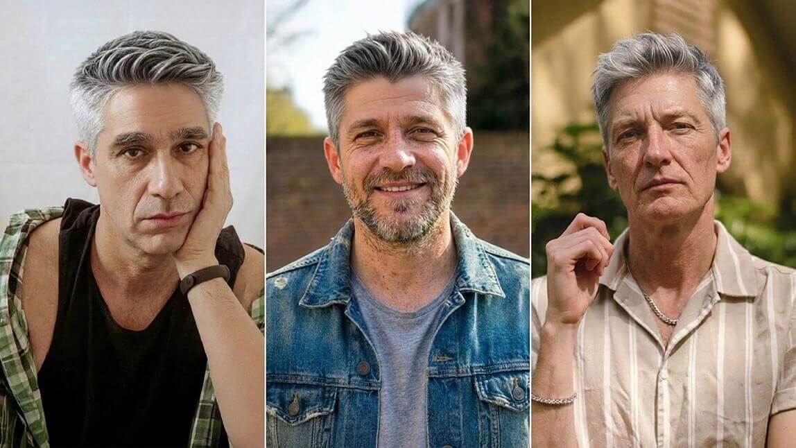 Três homens maduros com cabelos grisalhos exibindo diferentes estilos de cortes degradê modernos e texturizados.