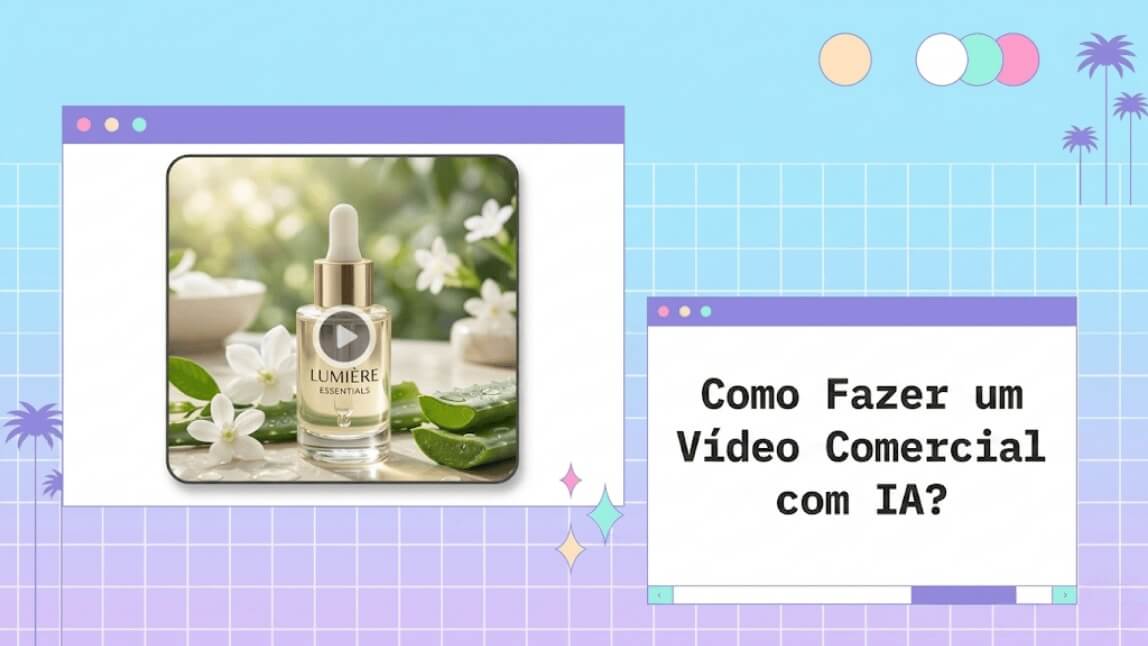 Frasco de sérum facial em um modelo de vídeo de produto com a pergunta "Como Fazer um Vídeo Comercial com IA?", ilustrando o uso de inteligência artificial para criar anúncios de e-commerce.