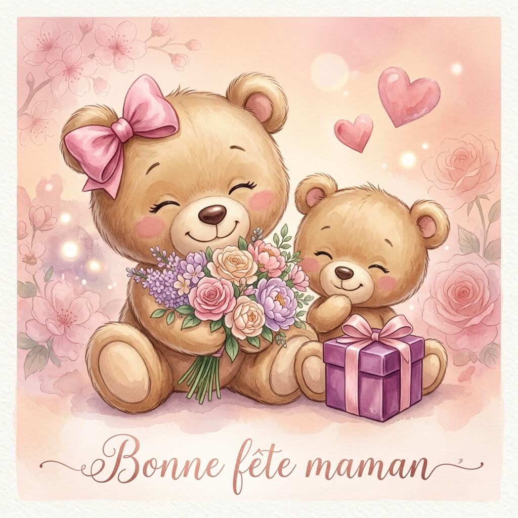 Carte bonne fête des mères, image nounours coeur