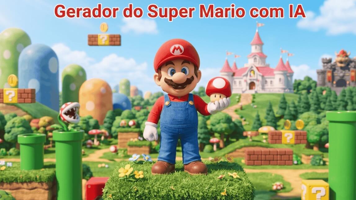Personagem Super Mario em 3D segurando um cogumelo vermelho no cenário verde do Reino do Cogumelo, com o texto "Gerador do Super Mario com IA".