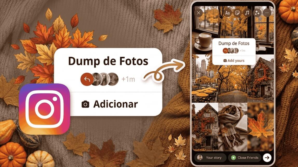 Exemplo de Story no Instagram com colagem de fotos aesthetic e o sticker de Dump de Fotos.