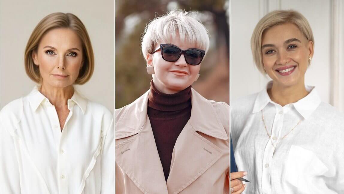 Três mulheres maduras mostrando tendências de cortes de cabelo curto para senhoras de 60 anos, incluindo os estilos chanel clássico e pixie cut moderno.
