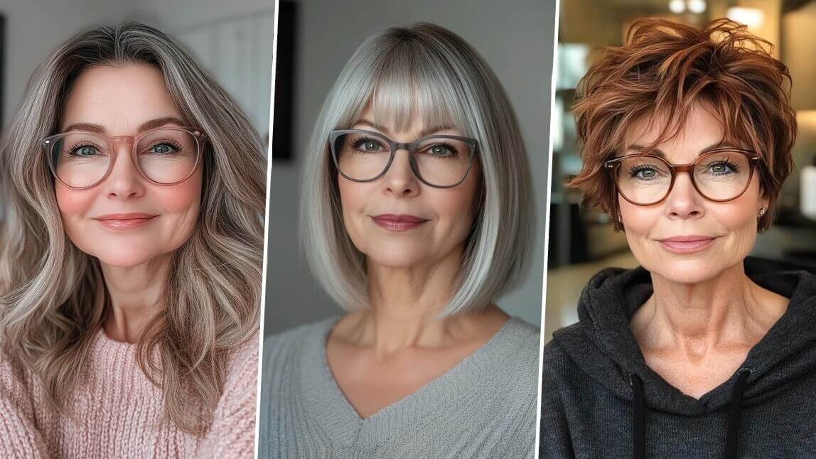 Três mulheres com mais de 60 anos usando óculos de grau e exibindo cortes de cabelo modernos que rejuvenescem: longo ondulado, bob liso com franja e shag curto.