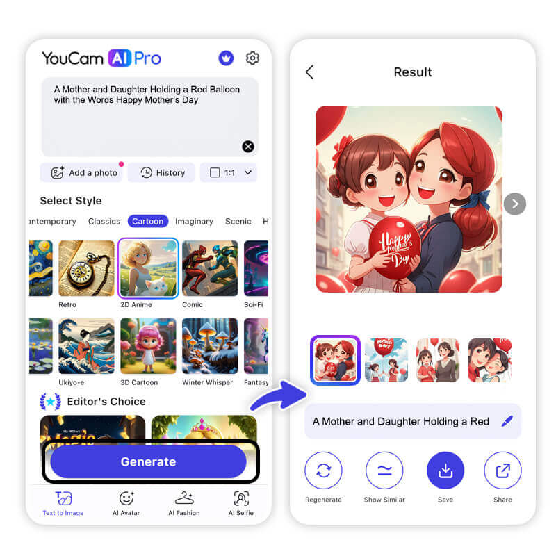 Comment faire des cartes de vœux pour la fête des mères avec le générateur d'images IA GRATUIT : YouCam AI Pro carte virtuelle fete des meres