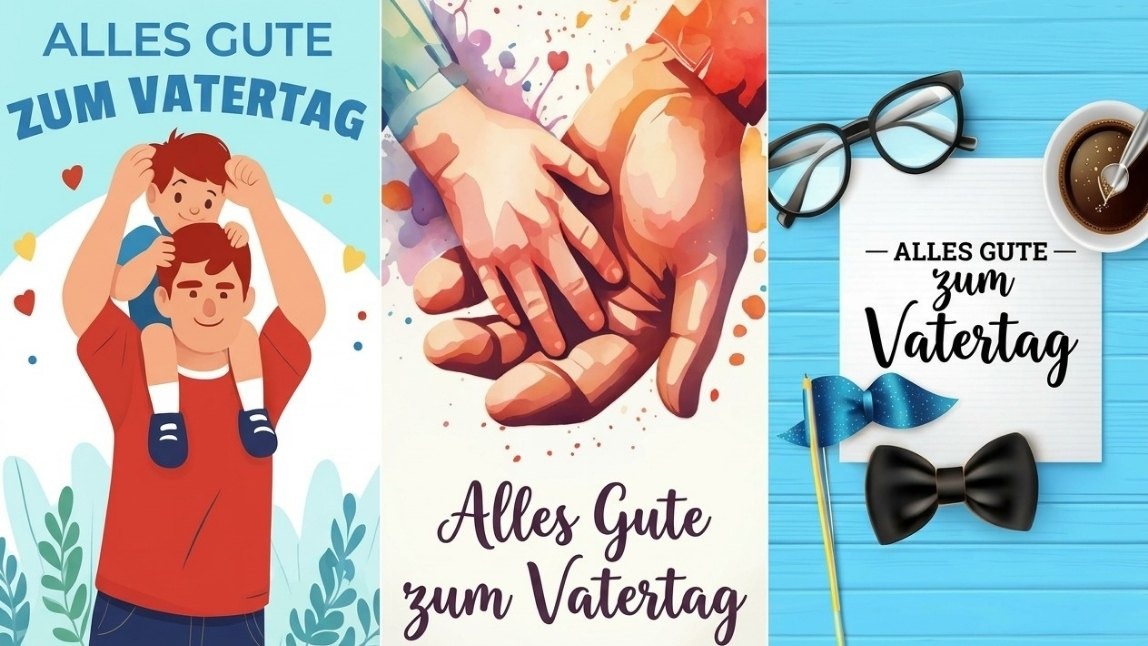 Collage aus drei Vatertagsmotiven: liebevolle Vater-Kind-Illustration, kunstvolles Handmotiv und modern gestaltete Szene mit Vatertagsbotschaft