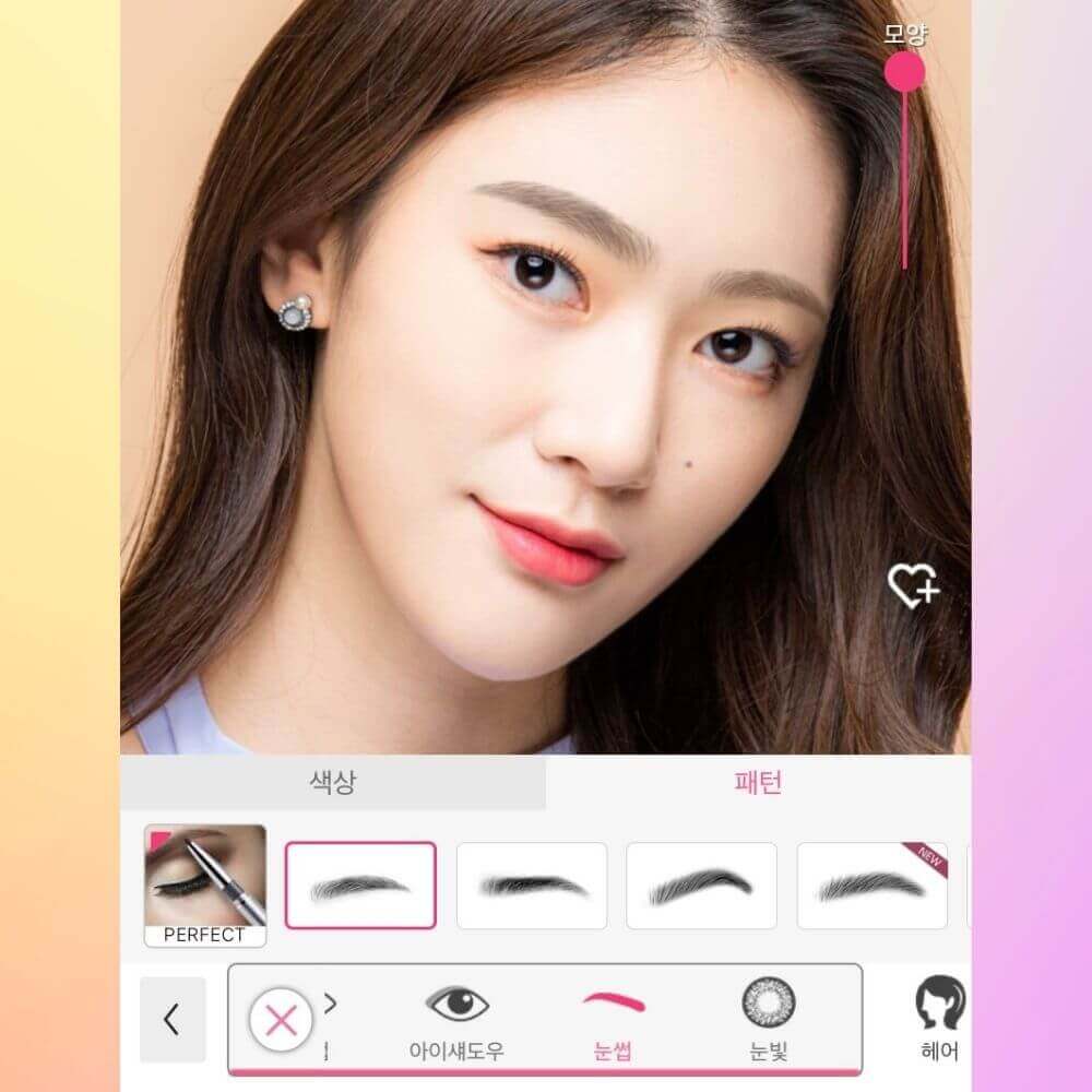 긴 얼굴에 어플로 얕은 일자 눈썹을 적용한 모습