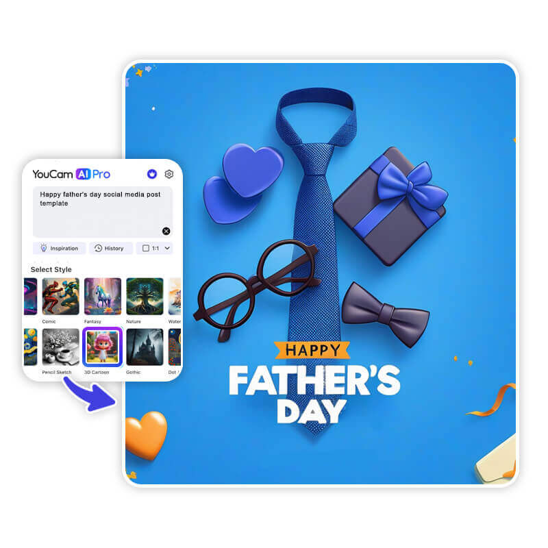 3D-Vatertagskarte mit Krawatte, Brille, Herzen und Geschenk auf blauem Hintergrund