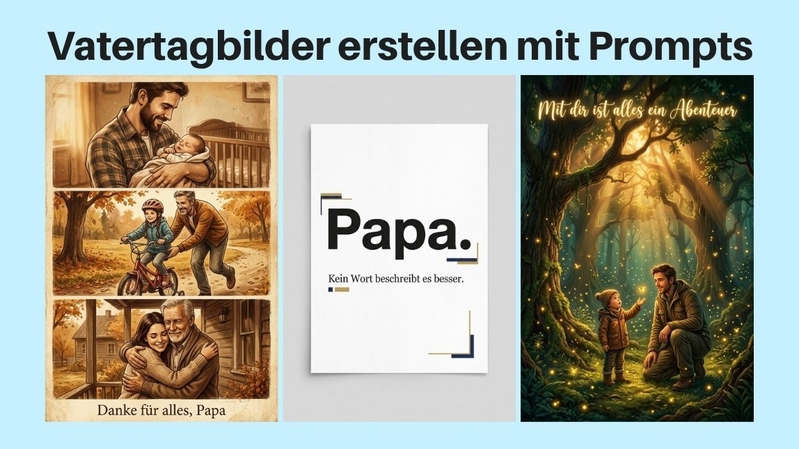 Collage mit drei KI-generierten Bildern: Zeitreise-Illustration 'Danke für alles, Papa', minimalistisches Typografie-Poster 'Papa.' und magischer Waldmoment 'Mit dir ist alles ein Abenteuer'
