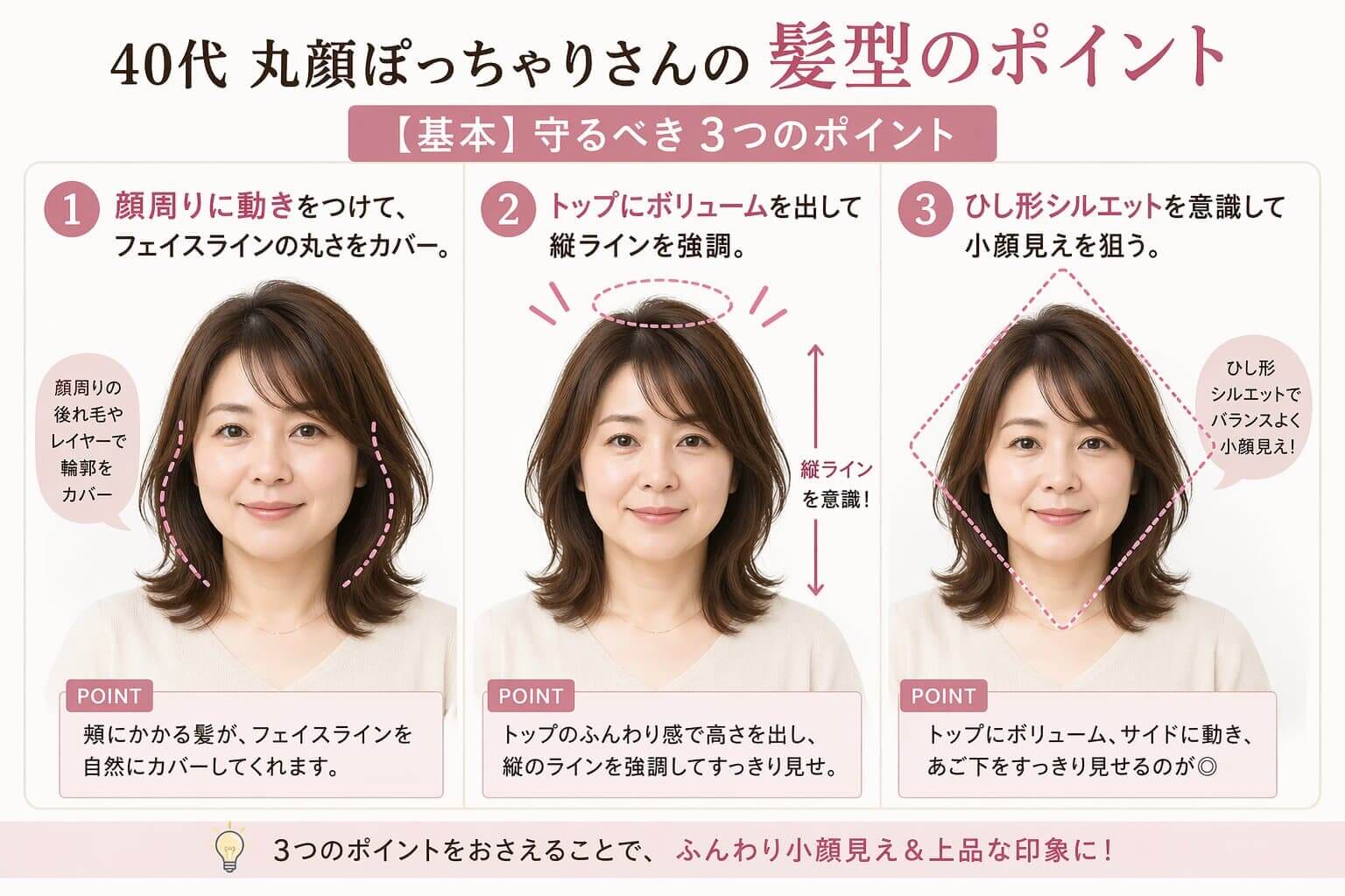 40代丸顔ぽっちゃり女性の髪型のポイント