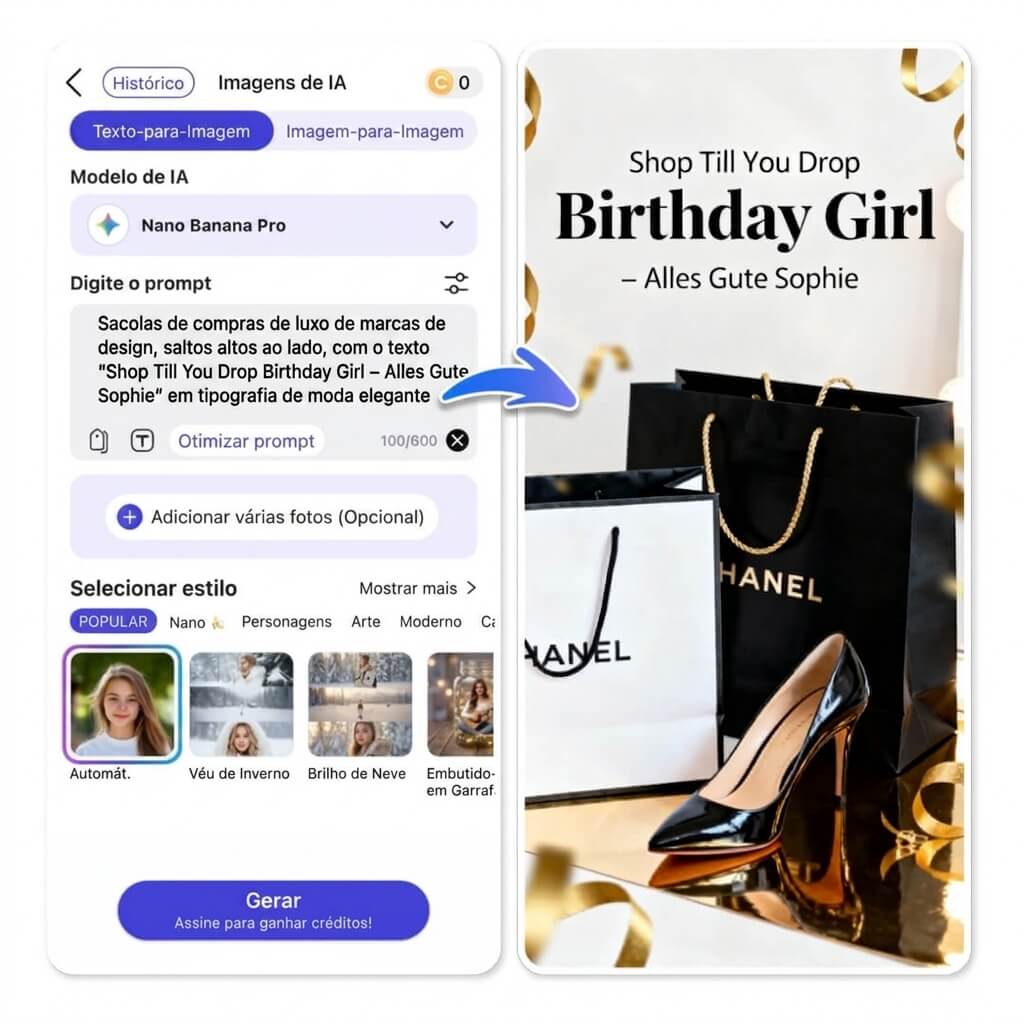 Interface do YouCam AI Pro mostrando como criar imagem de aniversário personalizada para WhatsApp com texto gerado por IA ao lado do resultado: imagem elegante com sacolas de luxo e a frase Birthday Girl