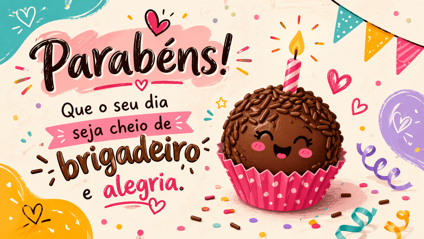 Imagem de aniversário curta para WhatsApp com brigadeiro fofo e vela acesa com o texto Parabéns! Que o seu dia seja cheio de brigadeiro e alegria