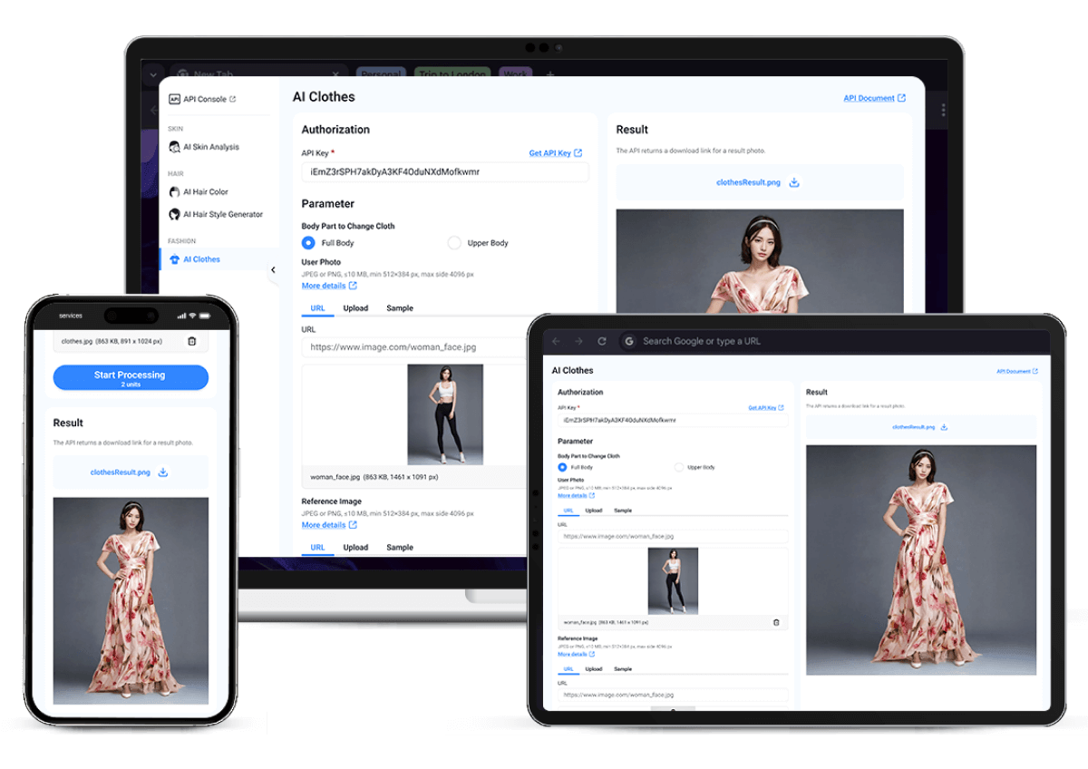 AI virtual try-on API powering a clothes try-on app across platforms 