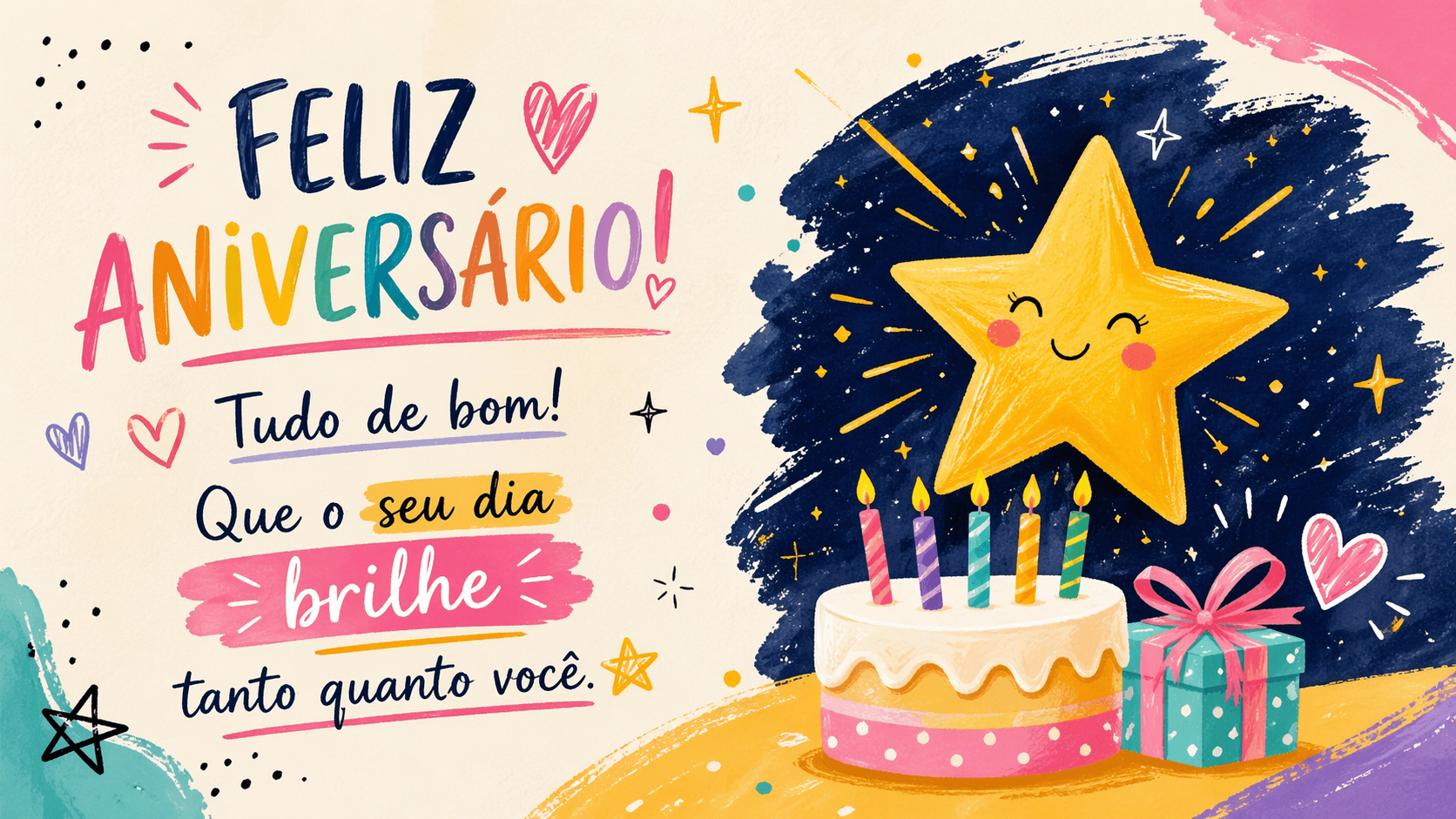 Cartão de aniversário animado para WhatsApp com estrela fofa sorrindo, bolo com velas coloridas e mensagem Feliz Aniversário! Tudo de bom! Que o seu dia brilhe tanto quanto você