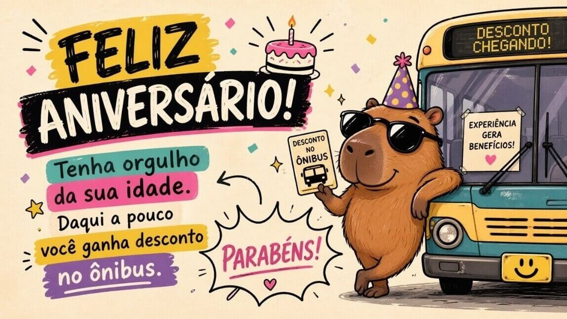 Mensagem de aniversário engraçada para WhatsApp com ilustração de uma capivara usando óculos escuros e chapéu de festa. Ela está encostada em um ônibus segurando um passe.