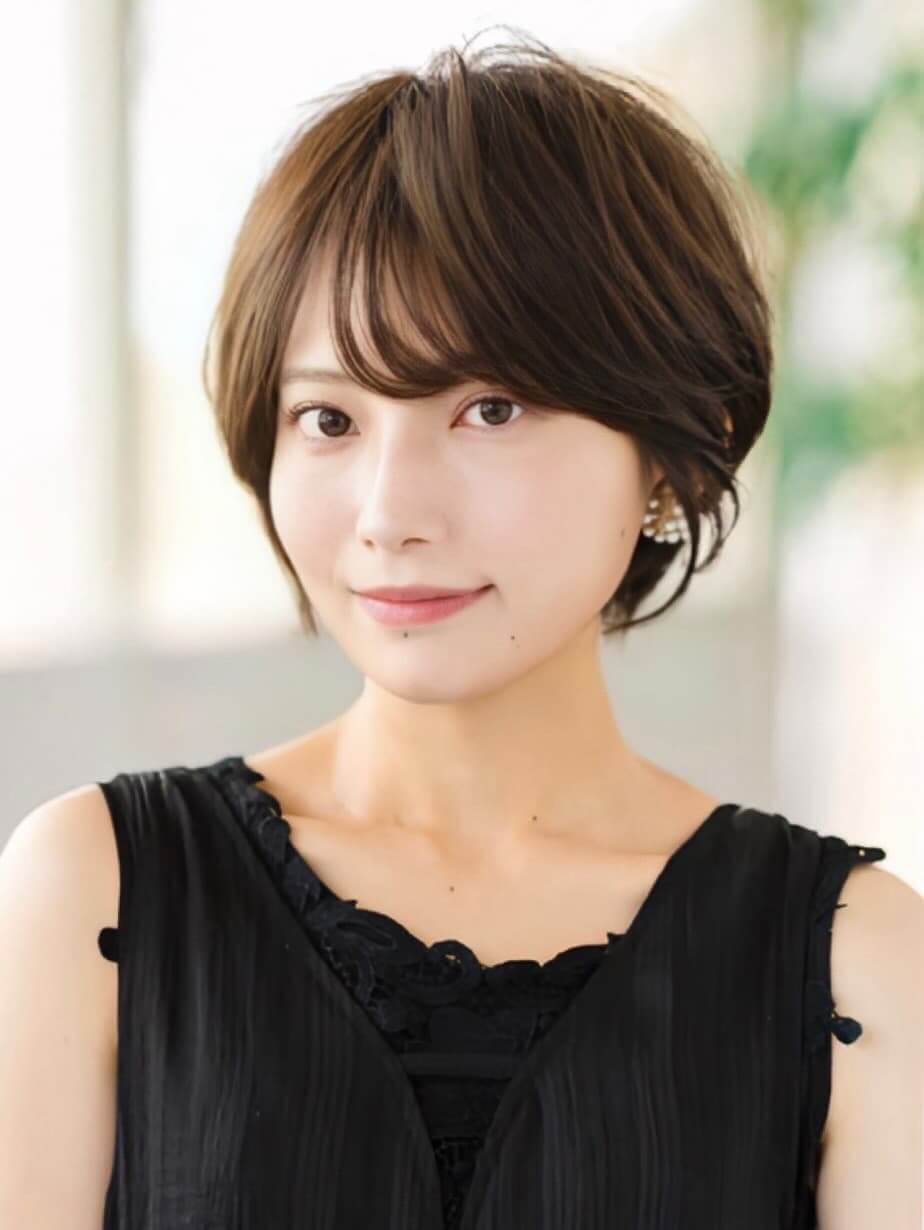 丸顔40代女性のひし形ショートヘア