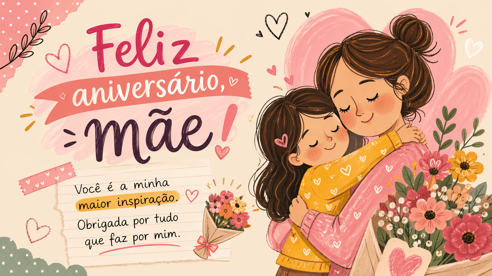 Ilustração de mensagem de aniversário para mãe com texto Feliz aniversário, mãe! Você é a minha maior inspiração e desenho de mãe abraçando a filha entre flores