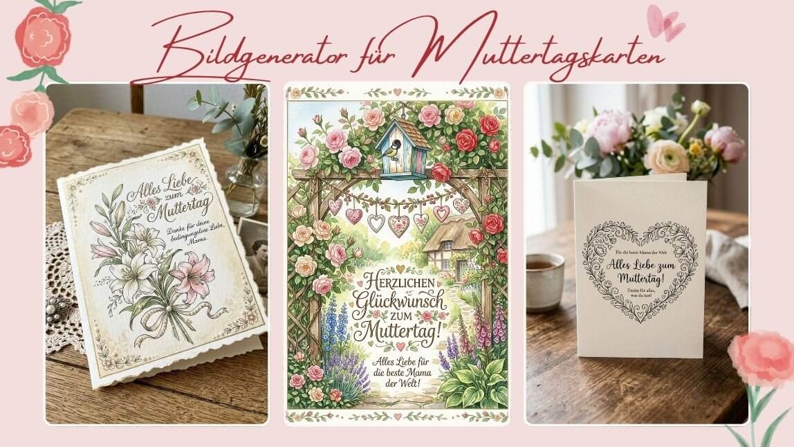 KI-Bildgenerator für Muttertagskarten mit drei Beispielkarten – vintage Lilien, romantischer Rosengarten und elegantes Herzdesign auf rosafarbenem Hintergrund.