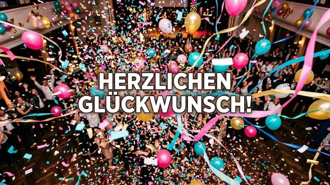 Konfetti-Explosion in Pink, Gold und Türkis von oben fotografiert, Luftschlangen und Luftballons fliegen durch die Luft, lebendige Energie.