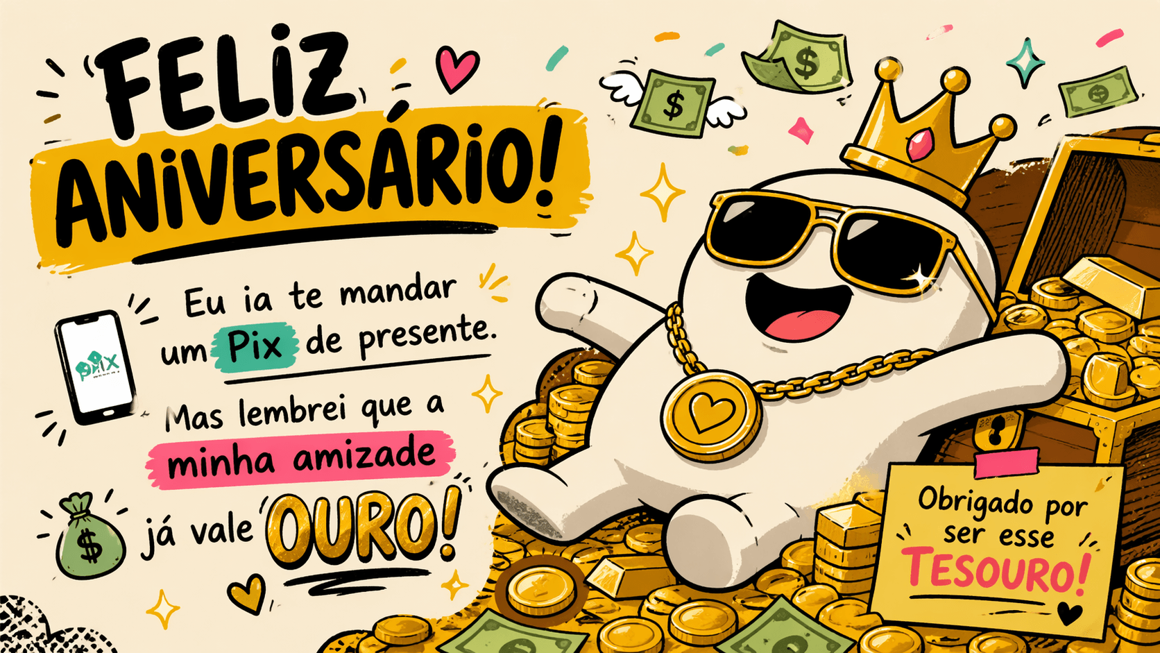 Mensagem de aniversário engraçada para WhatsApp com personagem usando coroa dourada sobre pilha de moedas e texto Feliz Aniversário! Eu ia te mandar um Pix de presente, mas lembrei que a minha amizade já vale ouro
