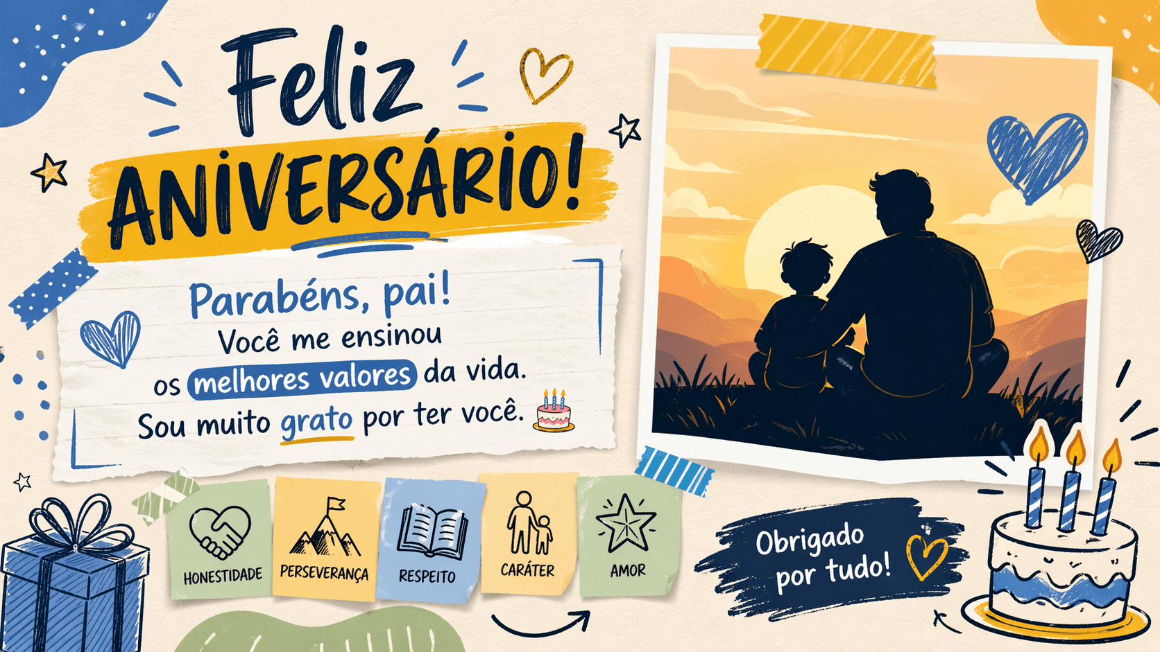 Ilustração de mensagem de aniversário emocionante para o pai com silhueta de pai e filho sentados ao pôr do sol e texto Parabéns, pai! Você me ensinou os melhores valores da vida
