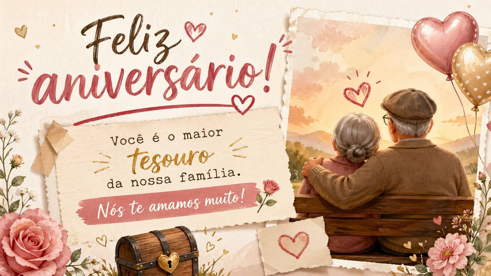 Cartão de aniversário emocionante para familiar no WhatsApp com ilustração de casal de idosos abraçados num banco ao pôr do sol e texto "Feliz aniversário! Você é o maior tesouro da nossa família. Nós te amamos muito!"