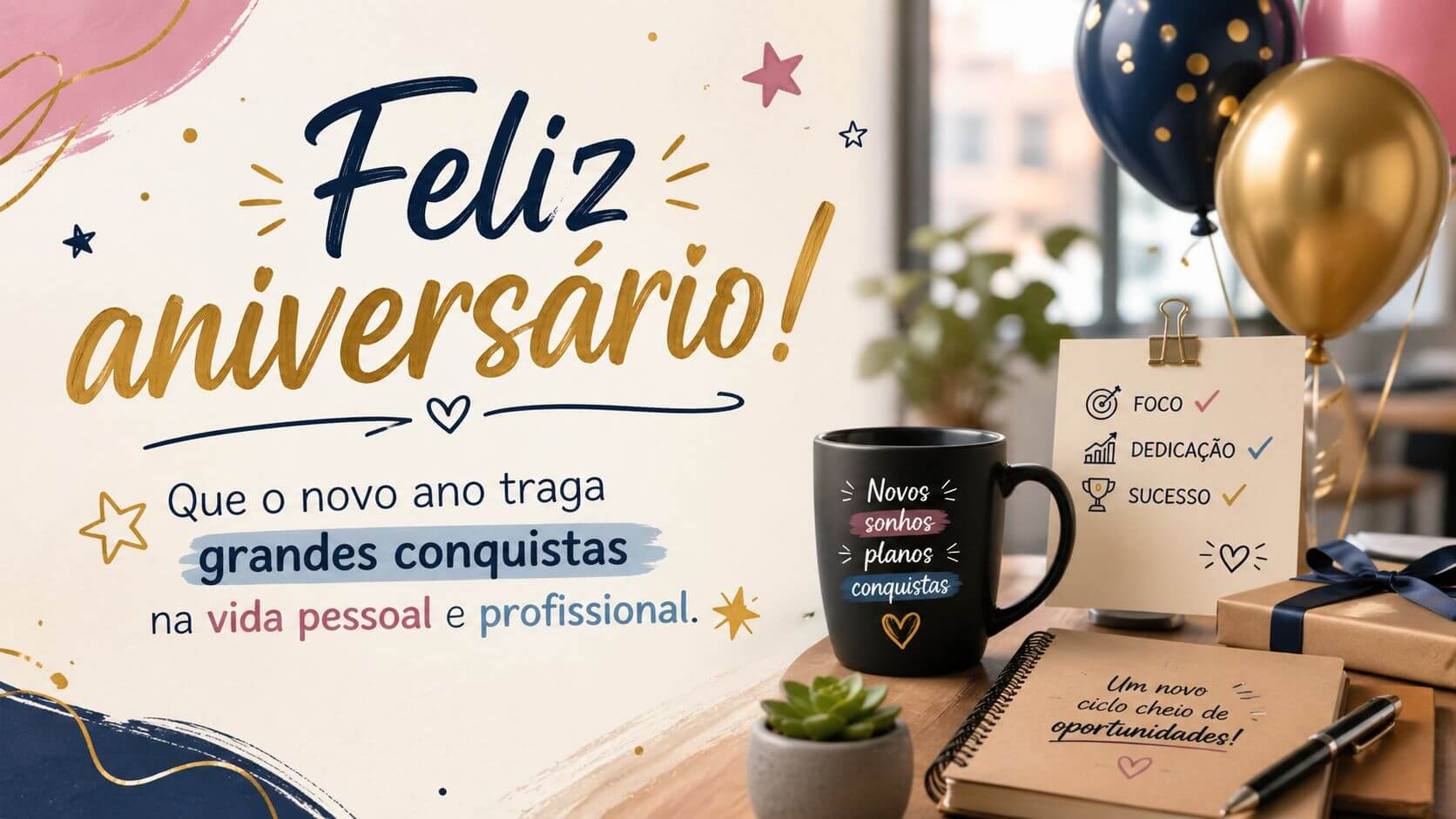 Imagem de feliz aniversário para colega de trabalho no WhatsApp com mesa de escritório, caneca preta com "novos sonhos planos conquistas", balões azul marinho e dourado e texto "Que o novo ano traga grandes conquistas na vida pessoal e profissional"