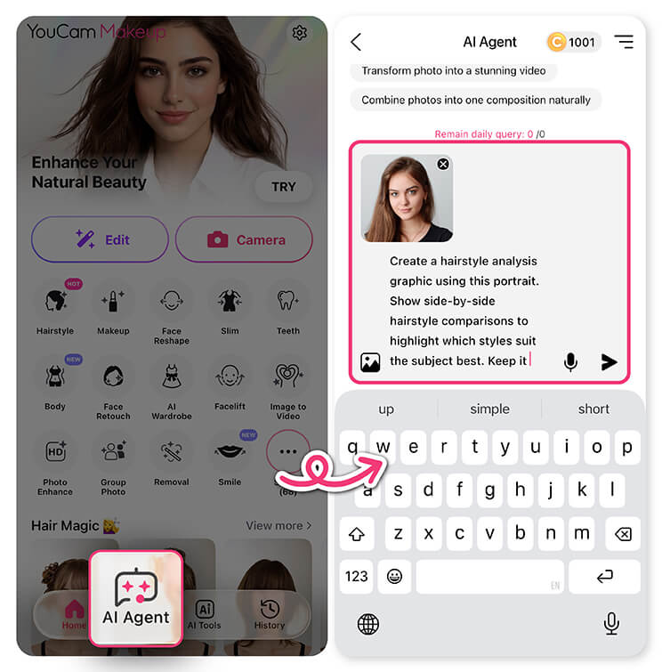 Enter a prompt to get your personal hairstyle analysis in YouCam Makeup