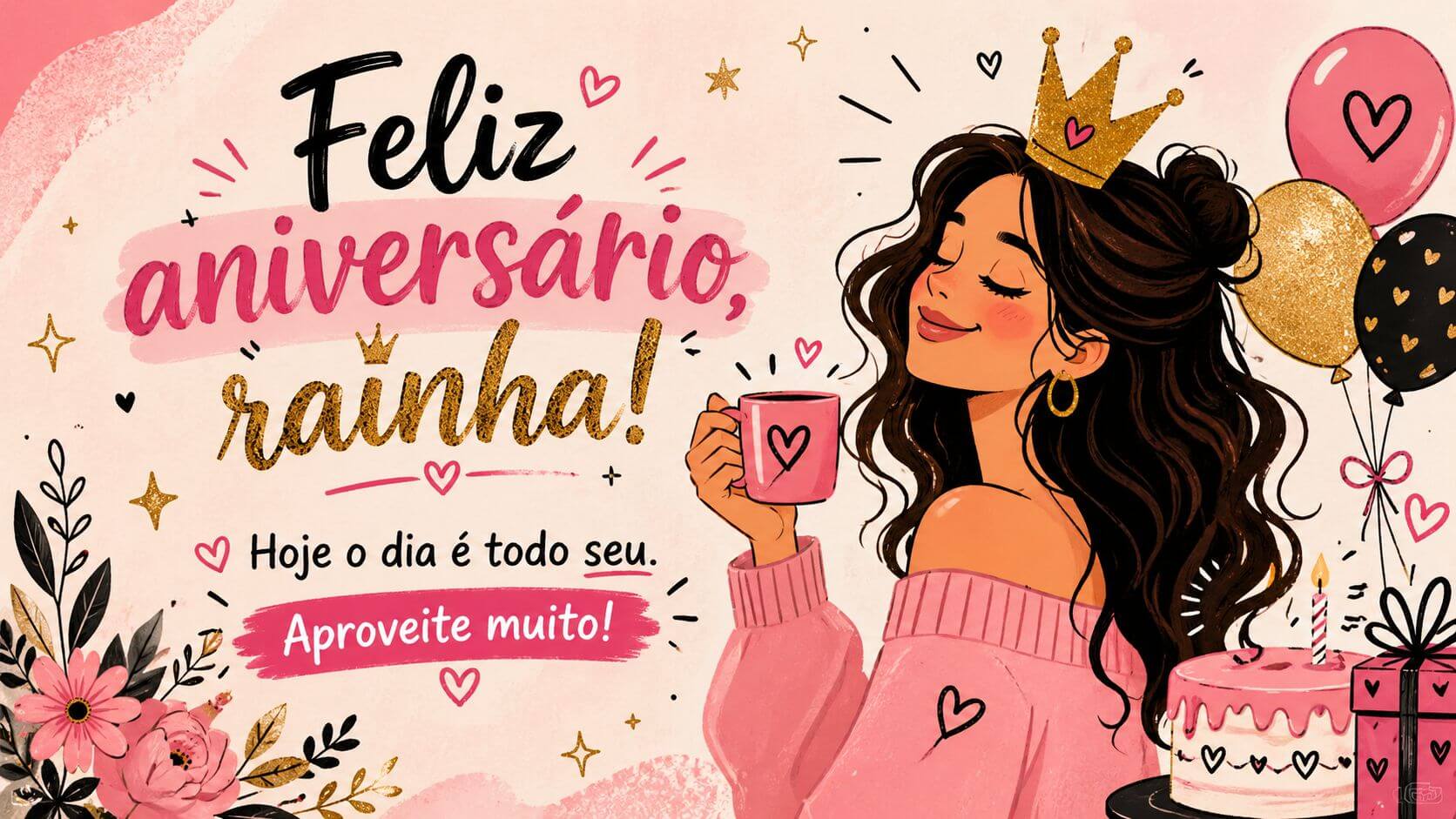 Mensagem de feliz aniversário para mulher no WhatsApp com ilustração de moça elegante usando coroa dourada, segurando xícara rosa entre flores e balões com texto "Feliz aniversário, rainha! Hoje o dia é todo seu. Aproveite muito!"