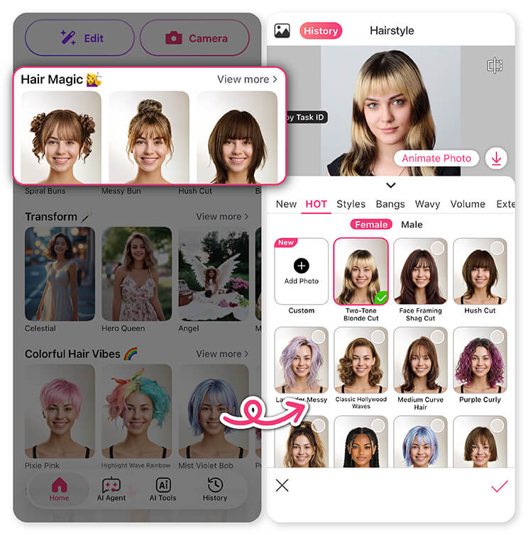 Browse a library of preset hairstyles in YouCam Makeup