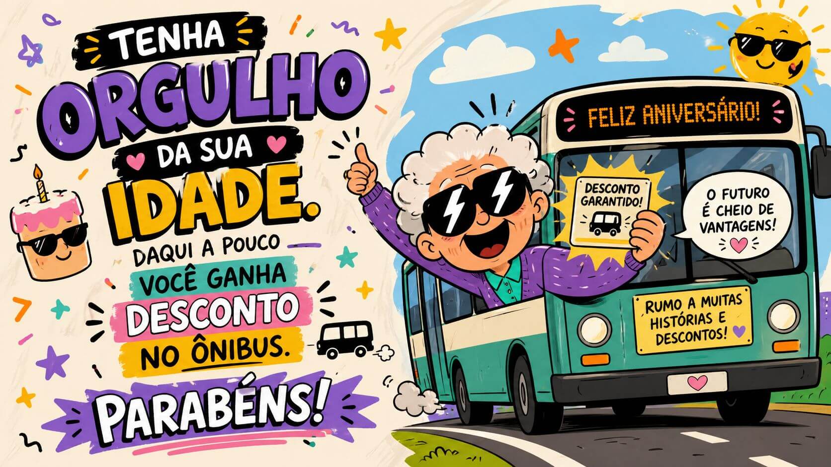 Mensagem de aniversário engraçada para pessoa mais velha no WhatsApp com ilustração de idosa animada de óculos escuros saindo pela janela de ônibus com texto "Tenha orgulho da sua idade. Daqui a pouco você ganha desconto no ônibus. Parabéns!"