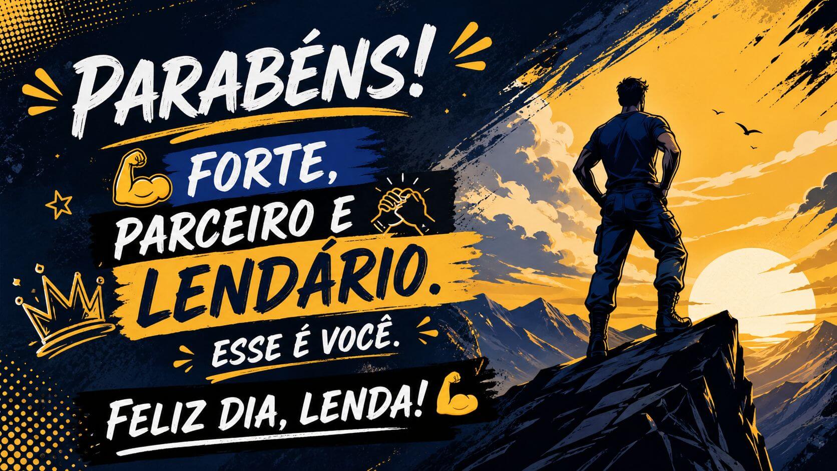 Imagem de aniversário para homem no WhatsApp estilo quadrinhos com silhueta masculina no topo de montanha ao pôr do sol amarelo e texto "Parabéns! Forte, parceiro e lendário. Esse é você. Feliz dia, lenda!"